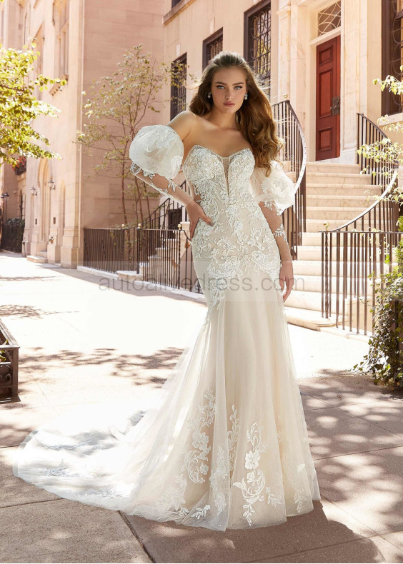 Beaded Ivory Lace Tulle Drop Waist Wedding Dress